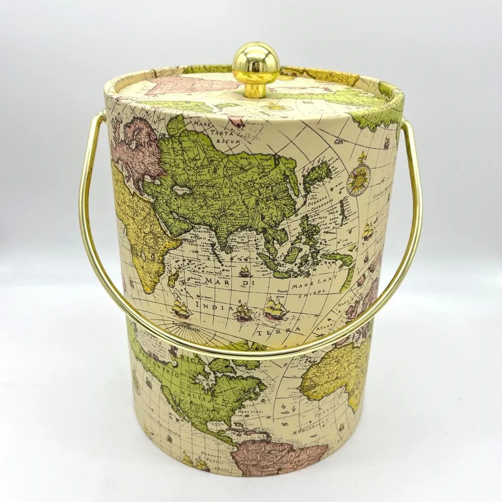 Mr Ice Bucket World Map 5 quart Gold Handle Lid Barware‎ Home Decor